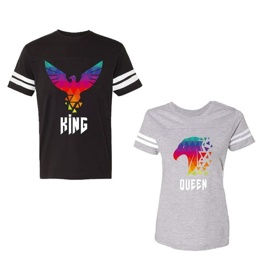 King Queen Eagle Colorful Unisex Couple Matching Cotton Jersey style T-Shirt Contrasting stripes on sleeves (Men Black / Women Heather) (Men S / Women M)