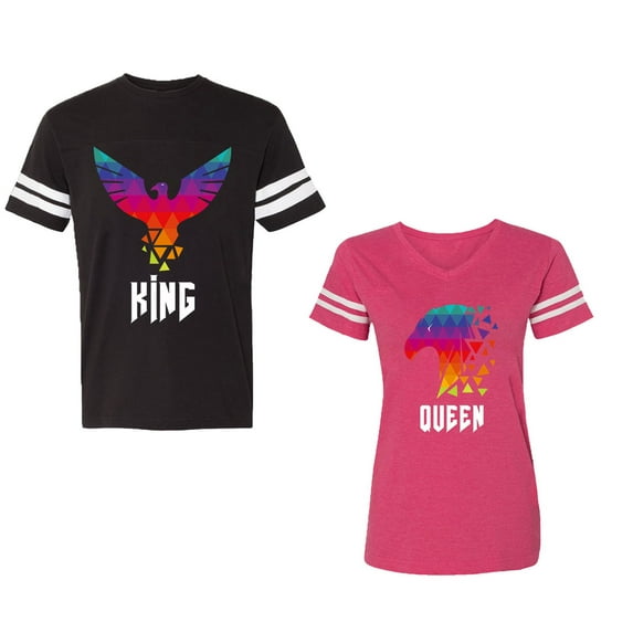 King Queen Eagle Colorful Unisex Couple Matching Cotton Jersey style T-Shirt Contrasting stripes on sleeves (Men Black / Women Pink) (Men XXL / Women S)