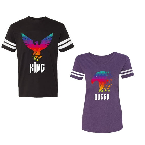 King Queen Eagle Colorful Unisex Couple Matching Cotton Jersey style T-Shirt Contrasting stripes on sleeves (Men Black / Women Purple) (Men S / Women M)