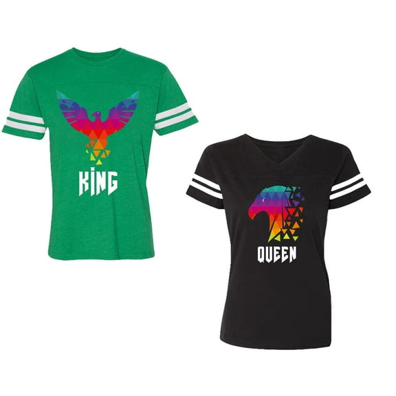 King Queen Eagle Colorful Unisex Couple Matching Cotton Jersey style T-Shirt Contrasting stripes on sleeves (Men Green / Women Black) (Men S / Women XXL)