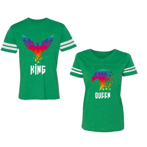 King Queen Eagle Colorful Unisex Couple Matching Cotton Jersey style T-Shirt Contrasting stripes on sleeves (Men Green / Women Green) (Men M / Women XXL)