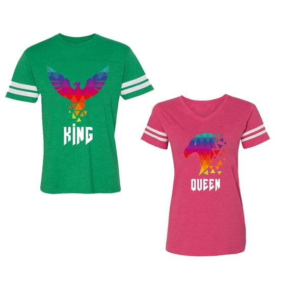 King Queen Eagle Colorful Unisex Couple Matching Cotton Jersey style T-Shirt Contrasting stripes on sleeves (Men Green / Women Pink) (Men L / Women M)