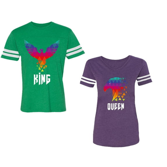 King Queen Eagle Colorful Unisex Couple Matching Cotton Jersey style T-Shirt Contrasting stripes on sleeves (Men Green / Women Purple) (Men XXL / Women XL)