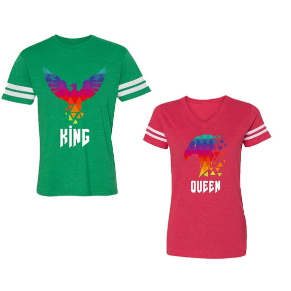 King Queen Eagle Colorful Unisex Couple Matching Cotton Jersey style T-Shirt Contrasting stripes on sleeves (Men Green / Women Red) (Men L / Women XL)
