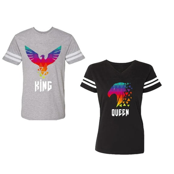 King Queen Eagle Colorful Unisex Couple Matching Cotton Jersey style T-Shirt Contrasting stripes on sleeves (Men Heather / Women Black) (Men S / Women S)