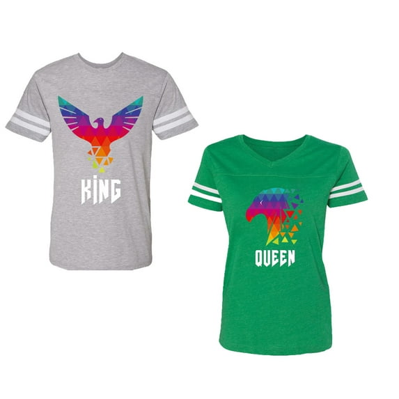 King Queen Eagle Colorful Unisex Couple Matching Cotton Jersey style T-Shirt Contrasting stripes on sleeves (Men Heather / Women Green) (Men XL / Women L)