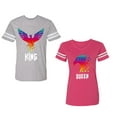 thumbnail image 1 of King Queen Eagle Colorful Unisex Couple Matching Cotton Jersey style T-Shirt Contrasting stripes on sleeves (Men Heather / Women Pink) (Men M / Women M), 1 of 3