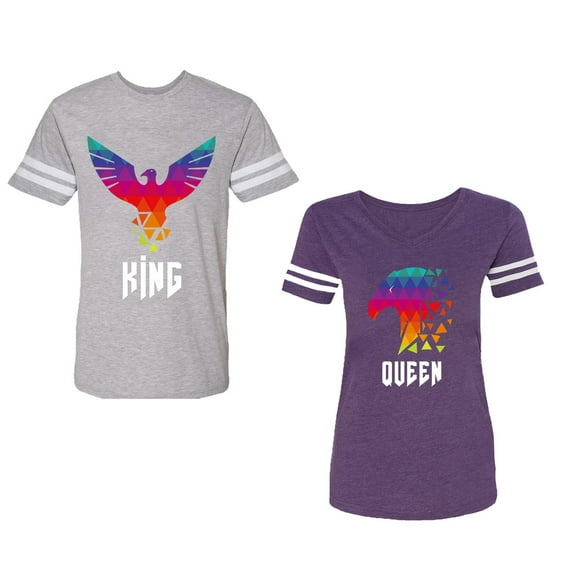 King Queen Eagle Colorful Unisex Couple Matching Cotton Jersey style T-Shirt Contrasting stripes on sleeves (Men Heather / Women Purple) (Men L / Women M)