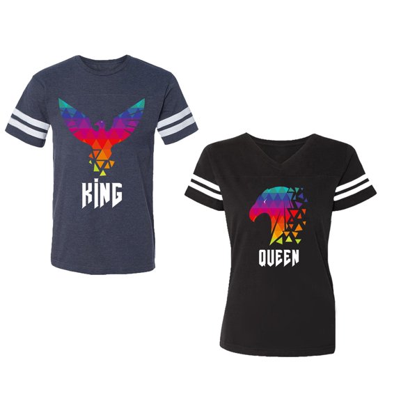 King Queen Eagle Colorful Unisex Couple Matching Cotton Jersey style T-Shirt Contrasting stripes on sleeves (Men Navy / Women Black) (Men M / Women L)