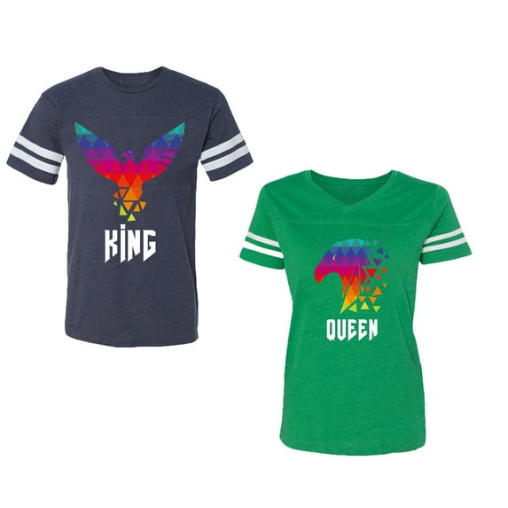 King Queen Eagle Colorful Unisex Couple Matching Cotton Jersey style T-Shirt Contrasting stripes on sleeves (Men Navy / Women Green) (Men XXL / Women XXL)