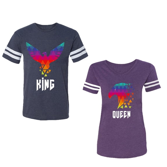 King Queen Eagle Colorful Unisex Couple Matching Cotton Jersey style T-Shirt Contrasting stripes on sleeves (Men Navy / Women Purple) (Men M / Women M)