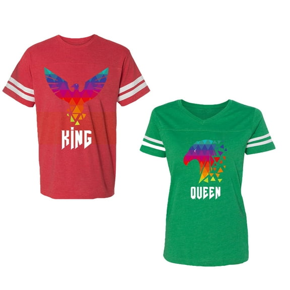 King Queen Eagle Colorful Unisex Couple Matching Cotton Jersey style T-Shirt Contrasting stripes on sleeves (Men Red / Women Green) (Men M / Women XL)