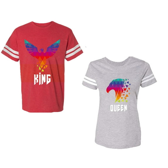 King Queen Eagle Colorful Unisex Couple Matching Cotton Jersey style T-Shirt Contrasting stripes on sleeves (Men Red / Women Heather) (Men XL / Women M)
