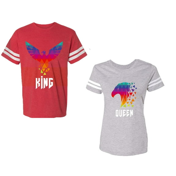 King Queen Eagle Colorful Unisex Couple Matching Cotton Jersey style T-Shirt Contrasting stripes on sleeves (Men Red / Women Heather) (Men XL / Women XXL)