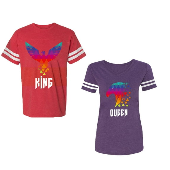 King Queen Eagle Colorful Unisex Couple Matching Cotton Jersey style T-Shirt Contrasting stripes on sleeves (Men Red / Women Purple) (Men XXXL / Women XXL)
