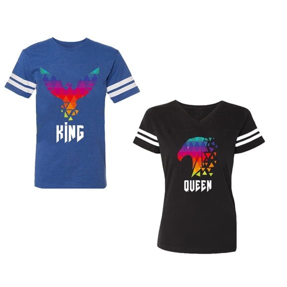 King Queen Eagle Colorful Unisex Couple Matching Cotton Jersey style T-Shirt Contrasting stripes on sleeves (Men Royal / Women Black) (Men S / Women S)