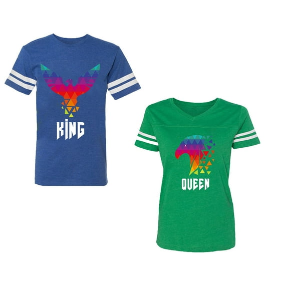 King Queen Eagle Colorful Unisex Couple Matching Cotton Jersey style T-Shirt Contrasting stripes on sleeves (Men Royal / Women Green) (Men XL / Women L)