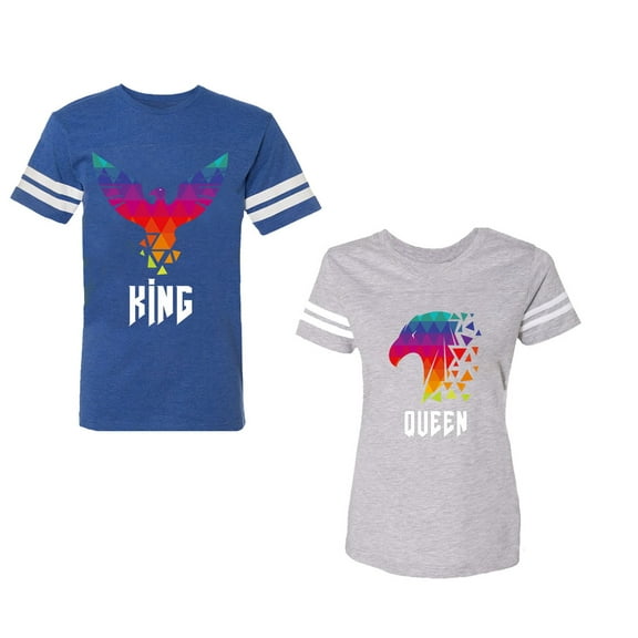 King Queen Eagle Colorful Unisex Couple Matching Cotton Jersey style T-Shirt Contrasting stripes on sleeves (Men Royal / Women Heather) (Men M / Women S)