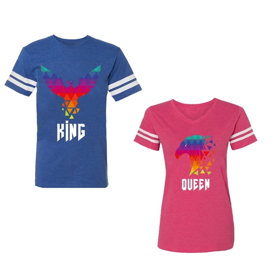 King Queen Eagle Colorful Unisex Couple Matching Cotton Jersey style T-Shirt Contrasting stripes on sleeves (Men Royal / Women Pink) (Men L / Women L)