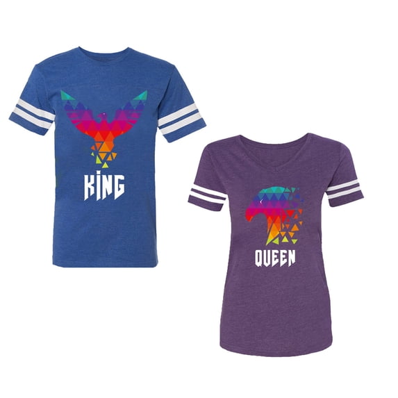 King Queen Eagle Colorful Unisex Couple Matching Cotton Jersey style T-Shirt Contrasting stripes on sleeves (Men Royal / Women Purple) (Men XL / Women S)