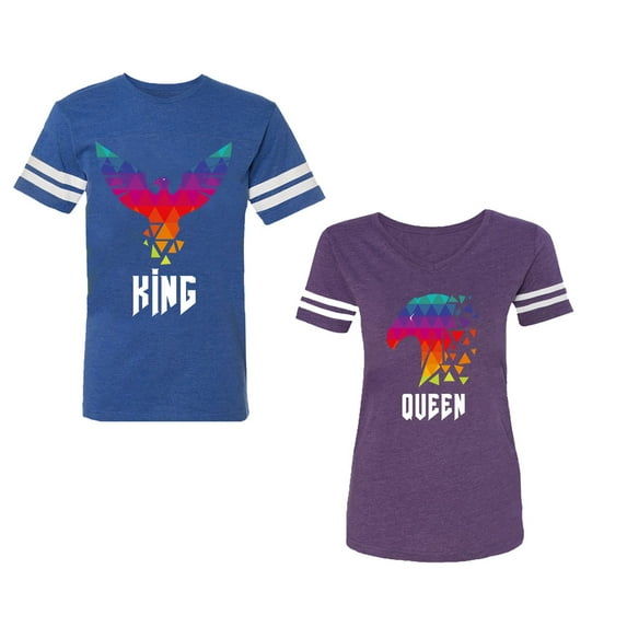 King Queen Eagle Colorful Unisex Couple Matching Cotton Jersey style T-Shirt Contrasting stripes on sleeves (Men Royal / Women Purple) (Men XL / Women XL)