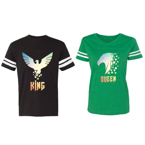 King Queen Eagle Sunny Matching Couple Cotton Jerseys (Men Black / Women Green) (Men M / Women L)