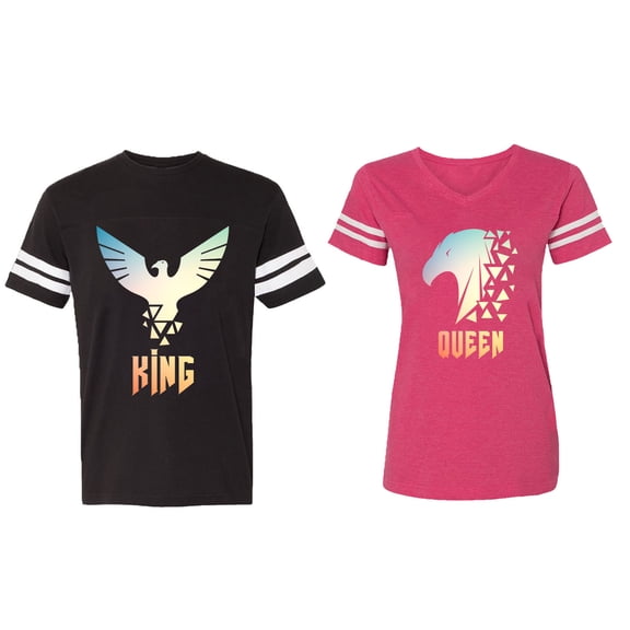 King Queen Eagle Sunny Matching Couple Cotton Jerseys (Men Black / Women Pink) (Men M / Women M)