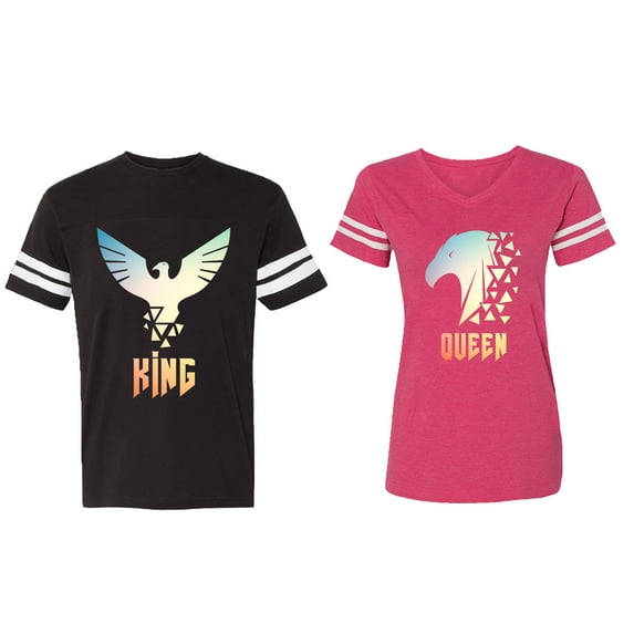 King Queen Eagle Sunny Matching Couple Cotton Jerseys (Men Black / Women Pink) (Men M / Women S)
