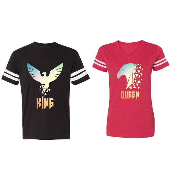 King Queen Eagle Sunny Matching Couple Cotton Jerseys (Men Black / Women Red) (Men L / Women S)