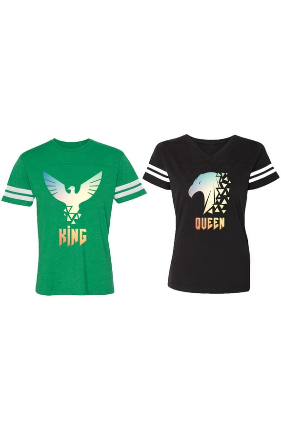 King Queen Eagle Sunny Matching Couple Cotton Jerseys (Men Green / Women Black) (Men S / Women S)