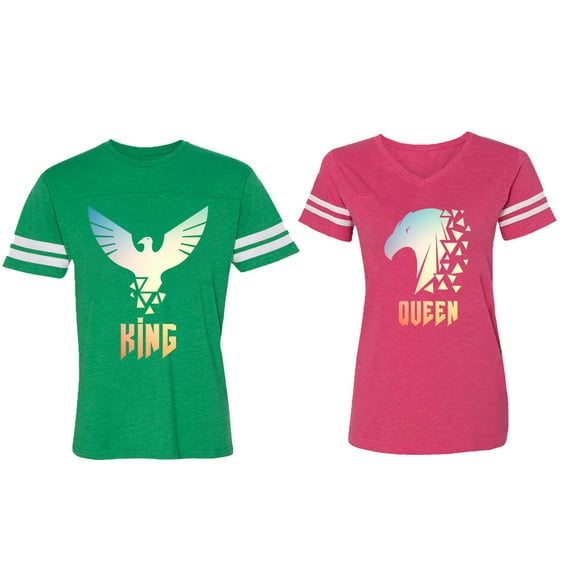 King Queen Eagle Sunny Matching Couple Cotton Jerseys (Men Green / Women Pink) (Men XL / Women XXL)