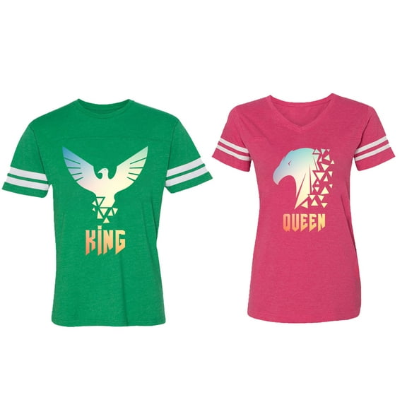King Queen Eagle Sunny Matching Couple Cotton Jerseys (Men Green / Women Pink) (Men XXL / Women XL)
