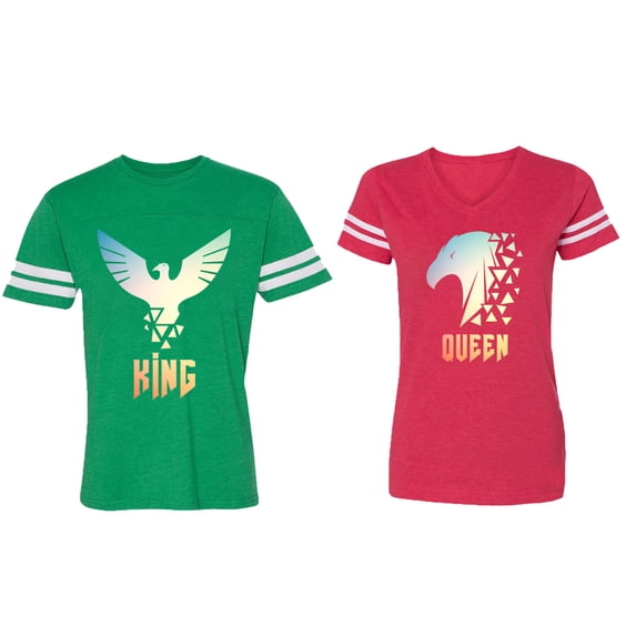 King Queen Eagle Sunny Matching Couple Cotton Jerseys (Men Green / Women Red) (Men XXXL / Women XXL)