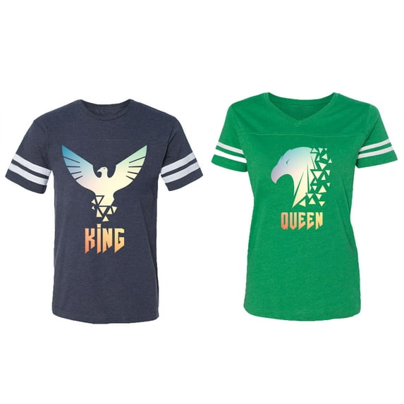 King Queen Eagle Sunny Matching Couple Cotton Jerseys (Men Navy / Women Green) (Men M / Women S)