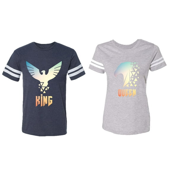 King Queen Eagle Sunny Matching Couple Cotton Jerseys (Men Navy / Women Heather) (Men XL / Women XXL)