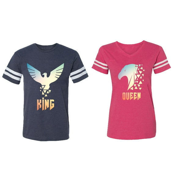 King Queen Eagle Sunny Matching Couple Cotton Jerseys (Men Navy / Women Pink) (Men L / Women L)