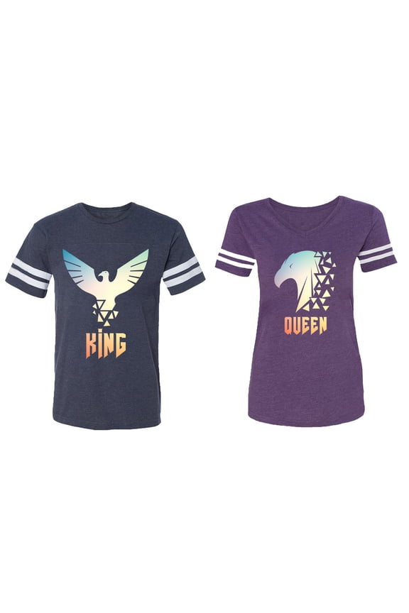 King Queen Eagle Sunny Matching Couple Cotton Jerseys (Men Navy / Women Purple) (Men XL / Women XL)
