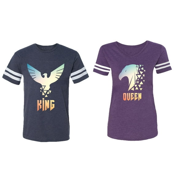 King Queen Eagle Sunny Matching Couple Cotton Jerseys (Men Navy / Women Purple) (Men XL / Women XXL)