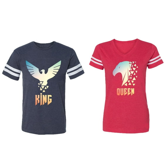 King Queen Eagle Sunny Matching Couple Cotton Jerseys (Men Navy / Women Red) (Men L / Women XL)