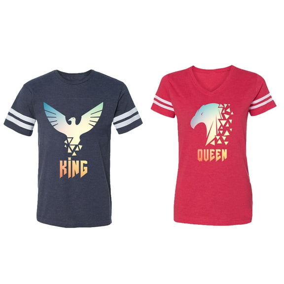 King Queen Eagle Sunny Matching Couple Cotton Jerseys (Men Navy / Women Red) (Men M / Women XL)