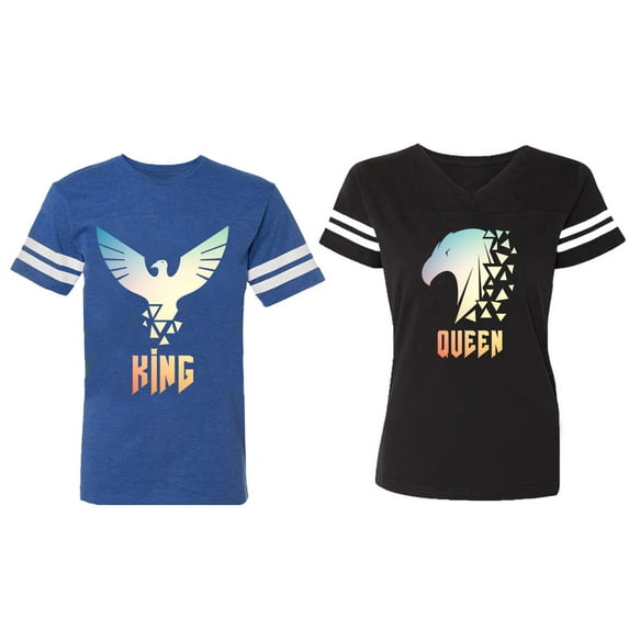 King Queen Eagle Sunny Matching Couple Cotton Jerseys (Men Royal / Women Black) (Men XL / Women S)