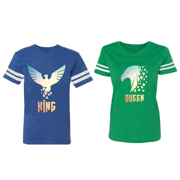 King Queen Eagle Sunny Matching Couple Cotton Jerseys (Men Royal / Women Green) (Men S / Women S)