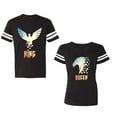 thumbnail image 1 of King Queen Eagle Sunny Unisex Couple Matching Cotton Jersey style T-Shirt Contrasting stripes on sleeves (Men Black / Women Black) (Men S / Women S), 1 of 3