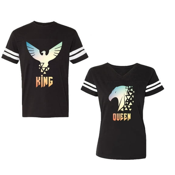 King Queen Eagle Sunny Unisex Couple Matching Cotton Jersey style T-Shirt Contrasting stripes on sleeves (Men Black / Women Black) (Men S / Women S)