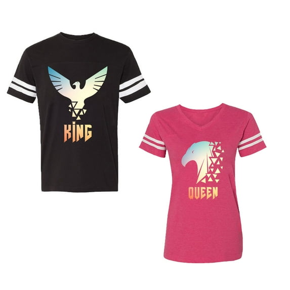 King Queen Eagle Sunny Unisex Couple Matching Cotton Jersey style T-Shirt Contrasting stripes on sleeves (Men Black / Women Pink) (Men M / Women XXL)