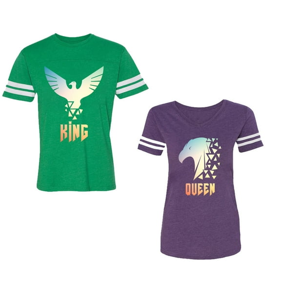 King Queen Eagle Sunny Unisex Couple Matching Cotton Jersey style T-Shirt Contrasting stripes on sleeves (Men Green / Women Purple) (Men S / Women M)
