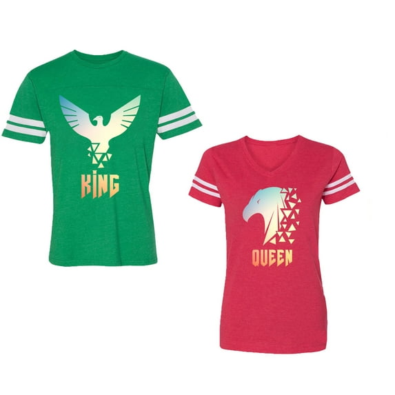 King Queen Eagle Sunny Unisex Couple Matching Cotton Jersey style T-Shirt Contrasting stripes on sleeves (Men Green / Women Red) (Men XXL / Women L)
