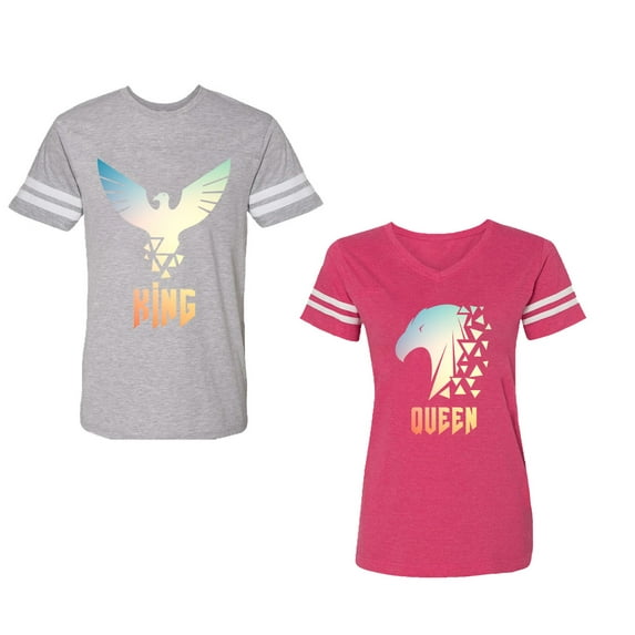 King Queen Eagle Sunny Unisex Couple Matching Cotton Jersey style T-Shirt Contrasting stripes on sleeves (Men Heather / Women Pink) (Men M / Women L)