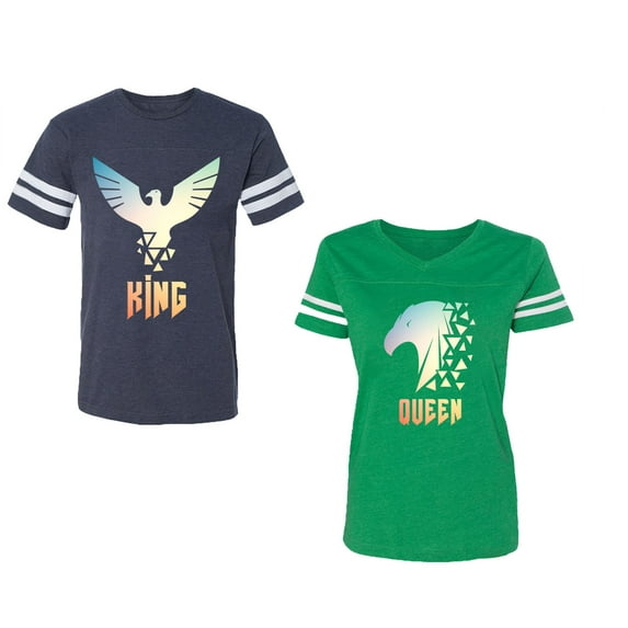 King Queen Eagle Sunny Unisex Couple Matching Cotton Jersey style T-Shirt Contrasting stripes on sleeves (Men Navy / Women Green) (Men M / Women XL)