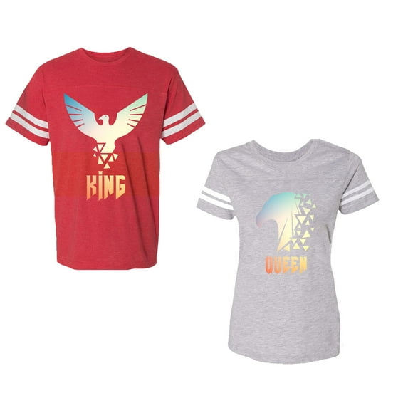 King Queen Eagle Sunny Unisex Couple Matching Cotton Jersey style T-Shirt Contrasting stripes on sleeves (Men Red / Women Heather) (Men S / Women L)